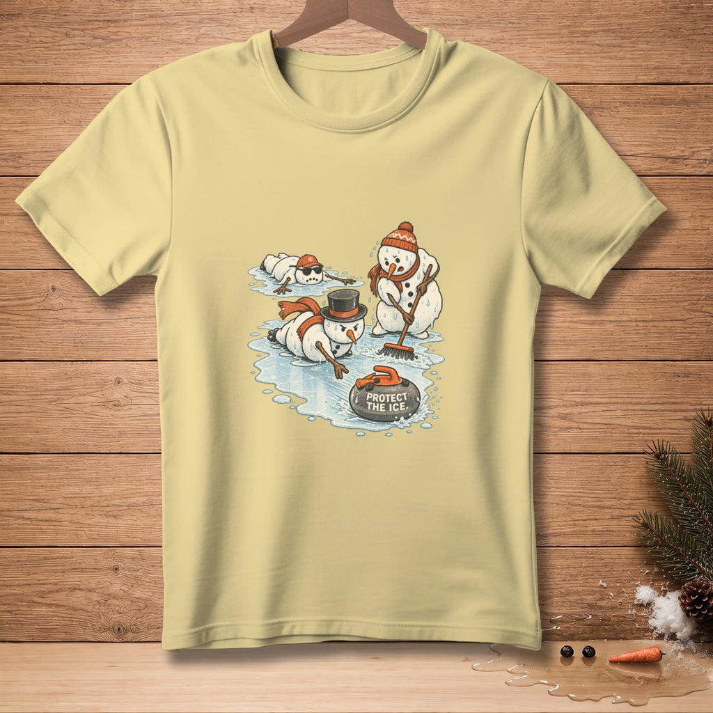 Snowmen play curling, one sweeping ice, with text "PROTECT THE ICE."