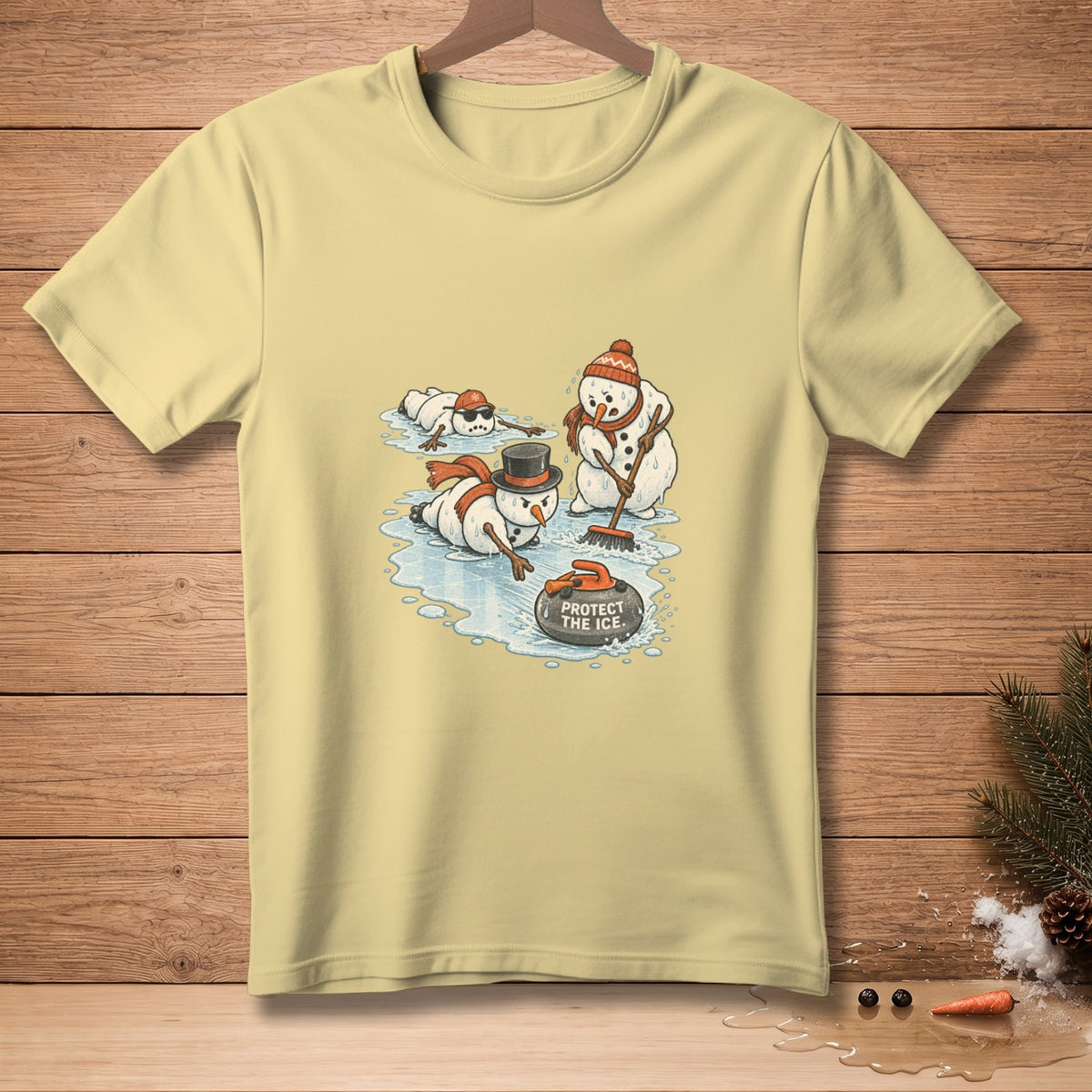 Snowmen play curling, one sweeping ice, with text "PROTECT THE ICE."