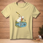 Snowman with orange scarf retrieving a ball from a pond with a club labeled "FOUND IT."