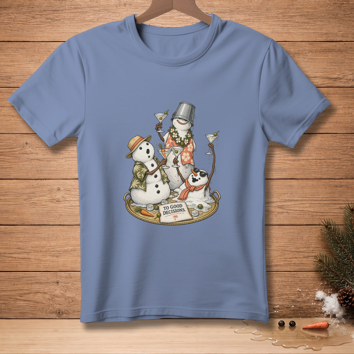 T-shirt with melting snowmen toasting martinis, one with a bucket on its head.