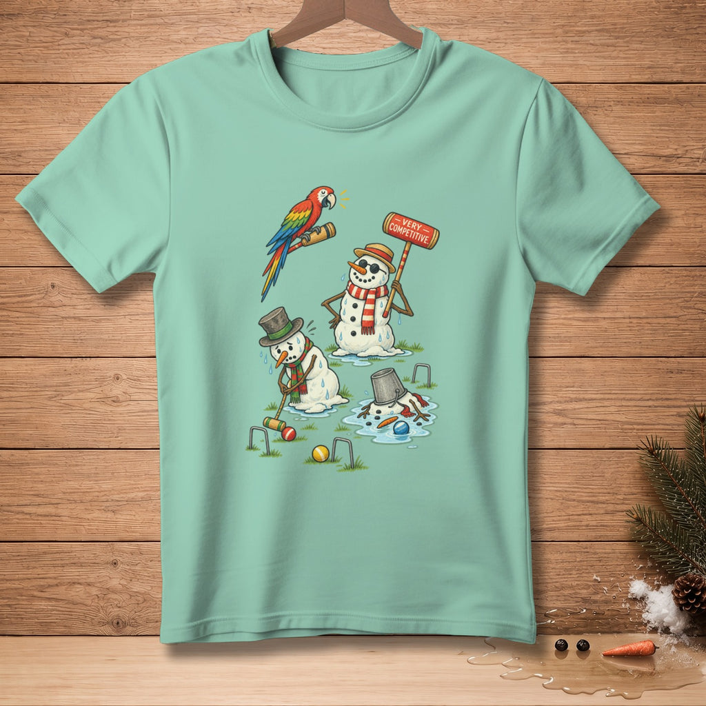 Melting snowmen play croquet while a parrot watches, one snowman holds a "Very Competitive" sign.