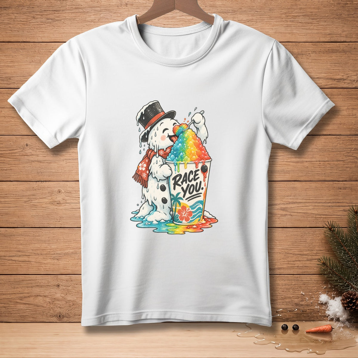 Melting snowman in hat and scarf eats rainbow shaved ice with "Race You" text.