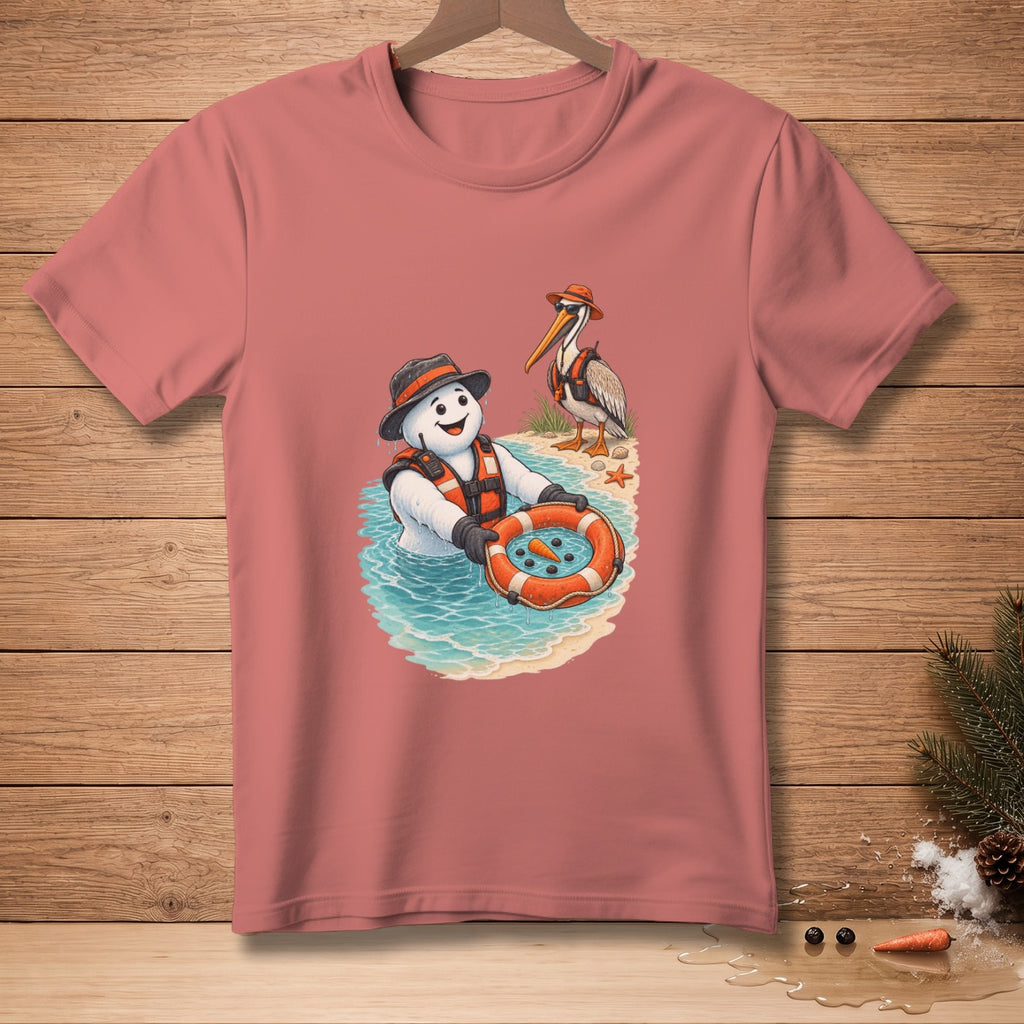 Snowman in life vest and hat in water with inner tube, pelican stands nearby.