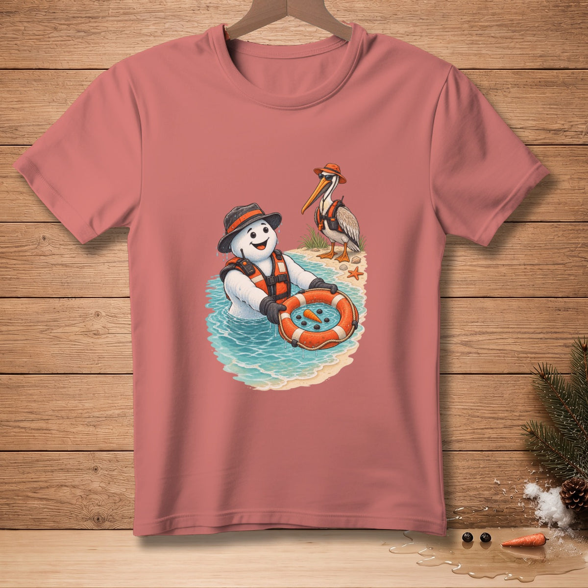 Snowman in life vest and hat in water with inner tube, pelican stands nearby.