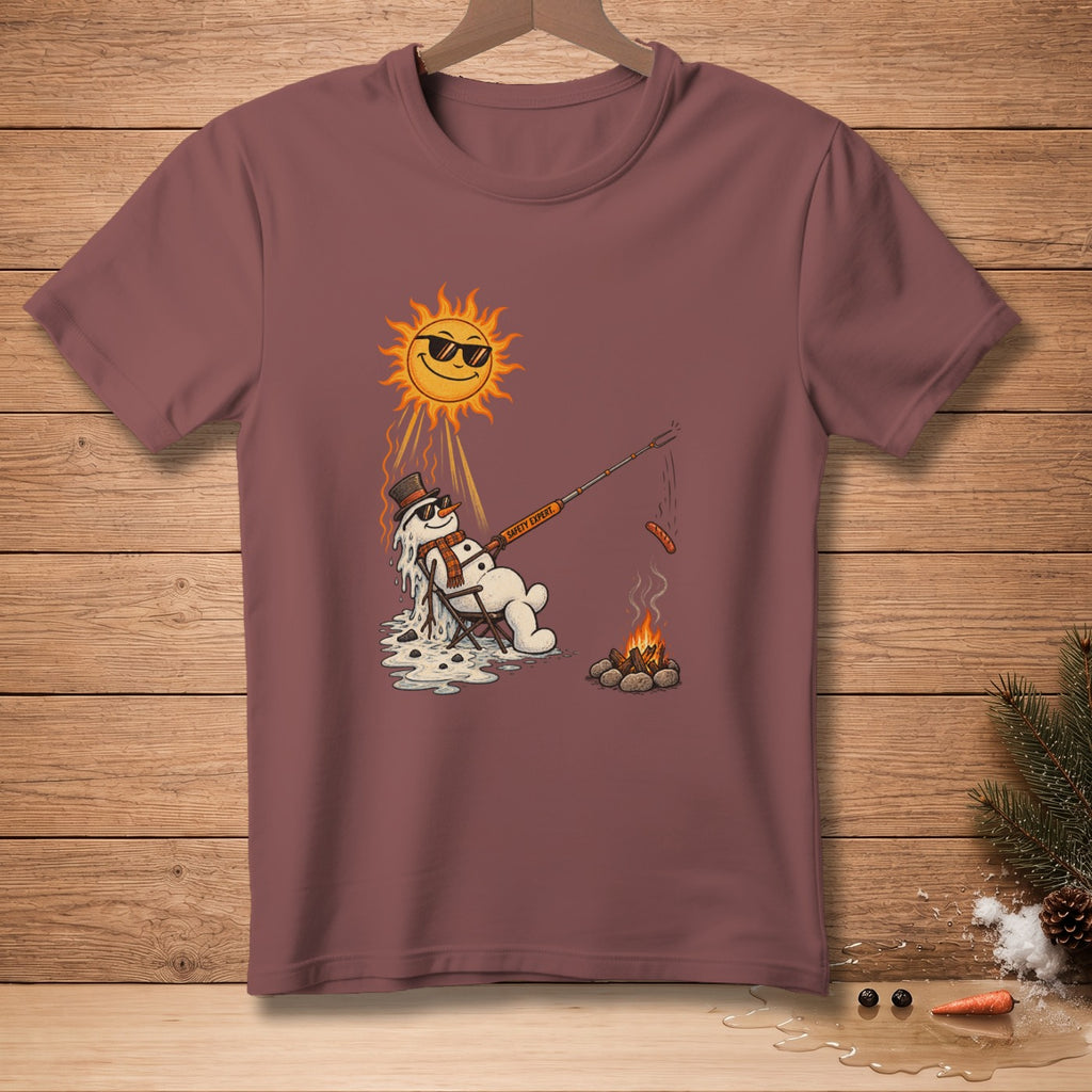 Melting snowman wearing sunglasses roasts sausage over campfire with a smiling sun above.