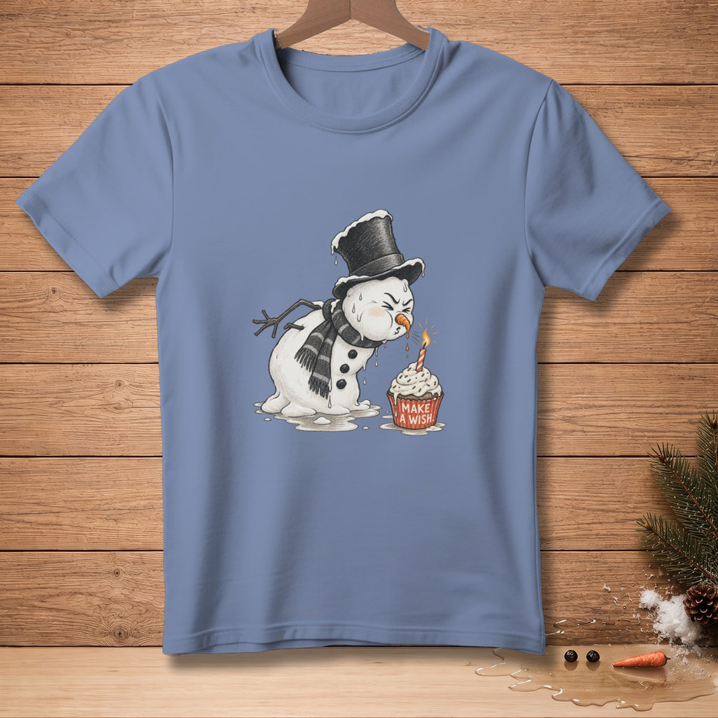 Melting snowman in top hat and scarf blowing out birthday cupcake with "MAKE A WISH".