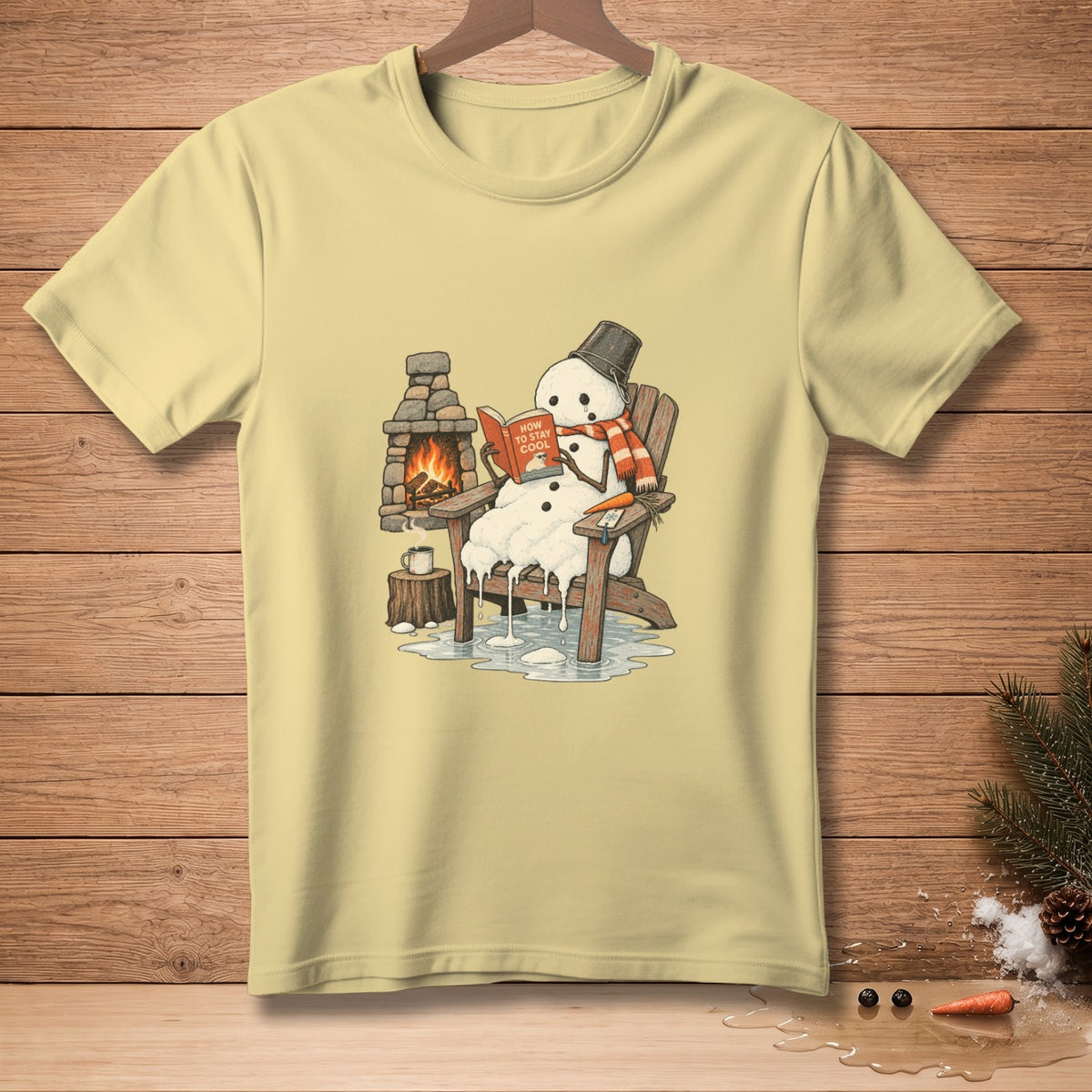 Melting snowman in deck chair reading "How to Stay Cool" by fireplace.
