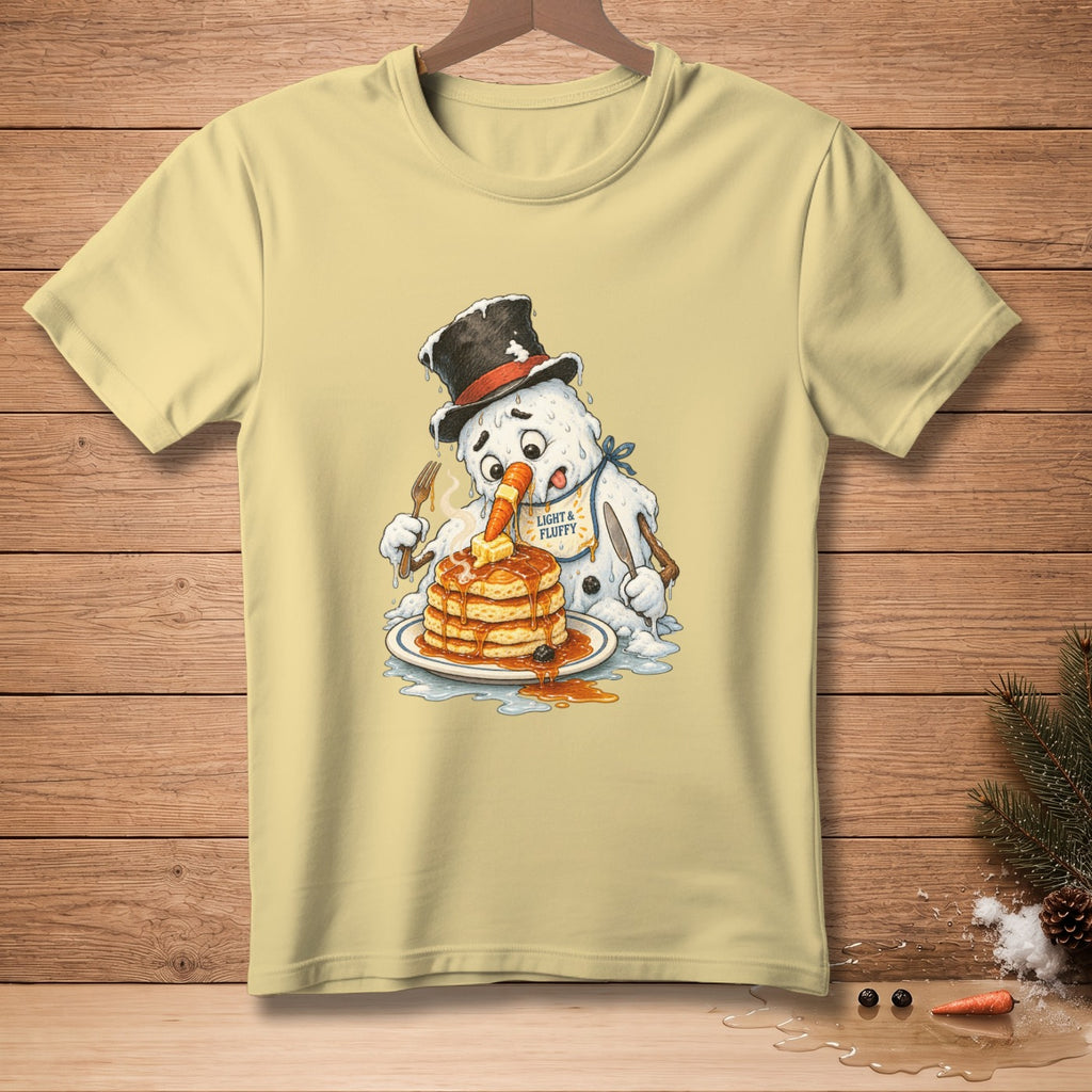 Snowman in a top hat eating a stack of pancakes with syrup.