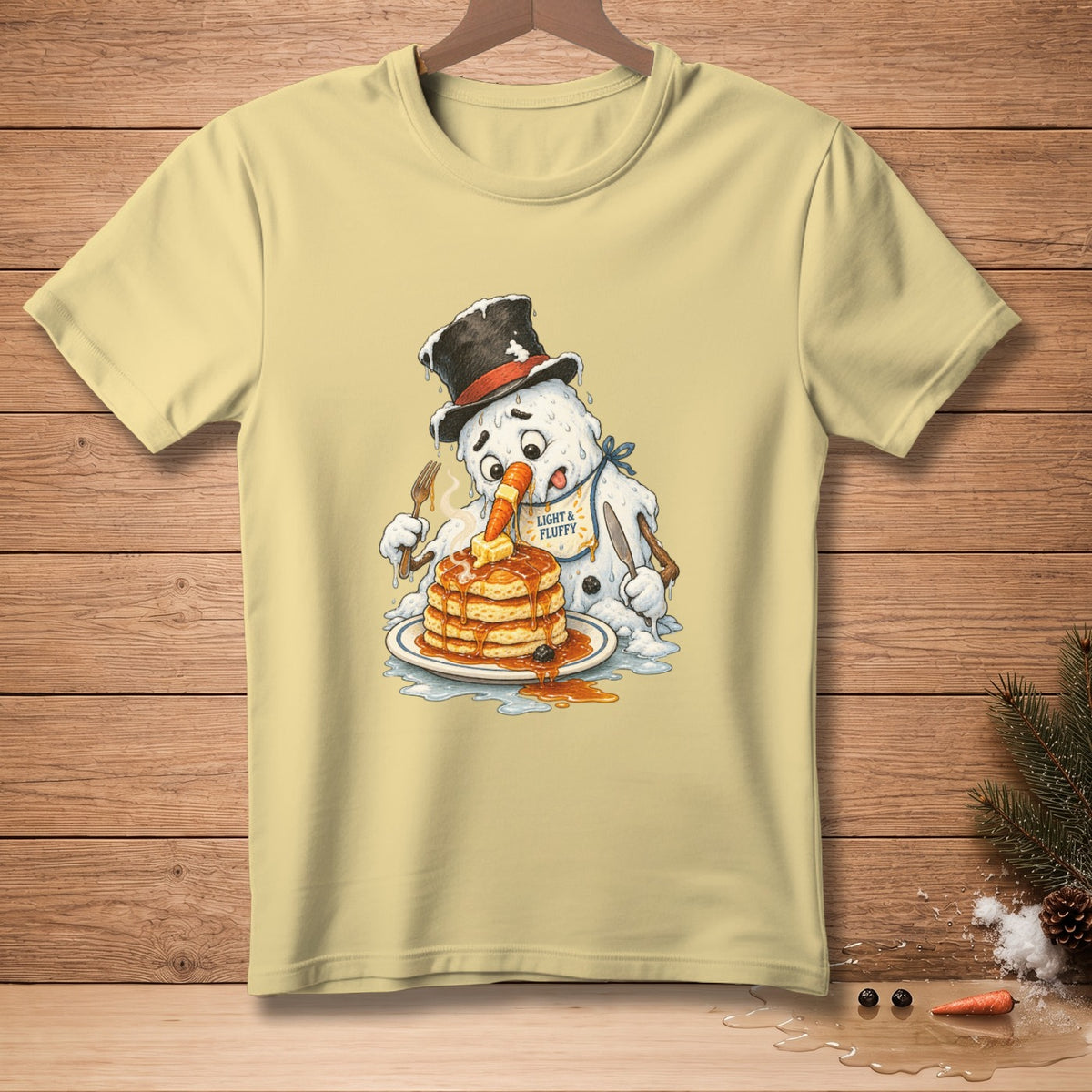 Snowman in a top hat eating a stack of pancakes with syrup.