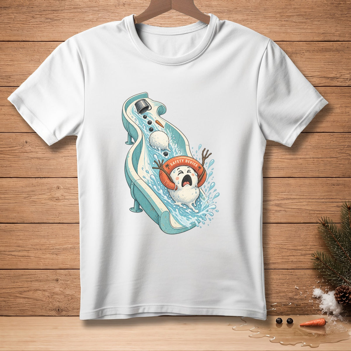 Snowman sliding down water slide wearing a "Safety Device" float.