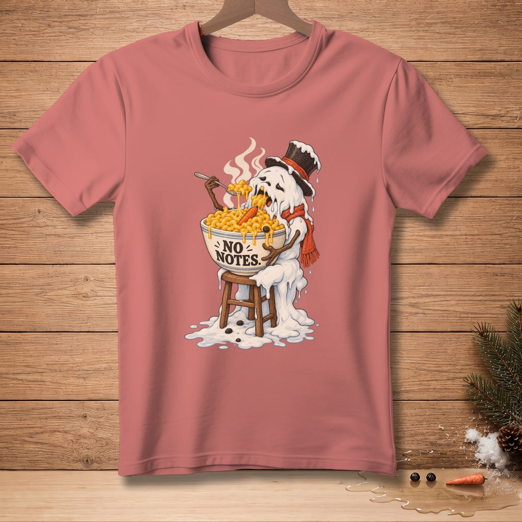 Melting snowman eating macaroni and cheese, "NO NOTES" text on bowl.