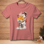 Melting snowman eating macaroni and cheese, "NO NOTES" text on bowl.