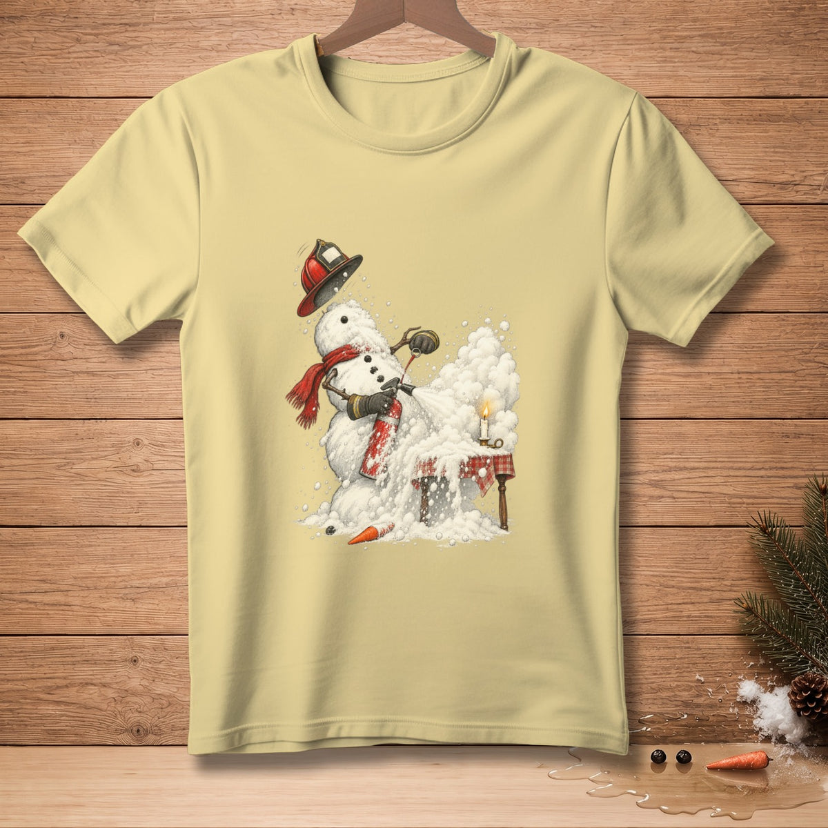 Snowman wearing a firefighter's helmet uses a fire extinguisher on itself.