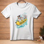 Three snowmen ride a yellow banana boat through blue waves with text "ONE MORE TIME".