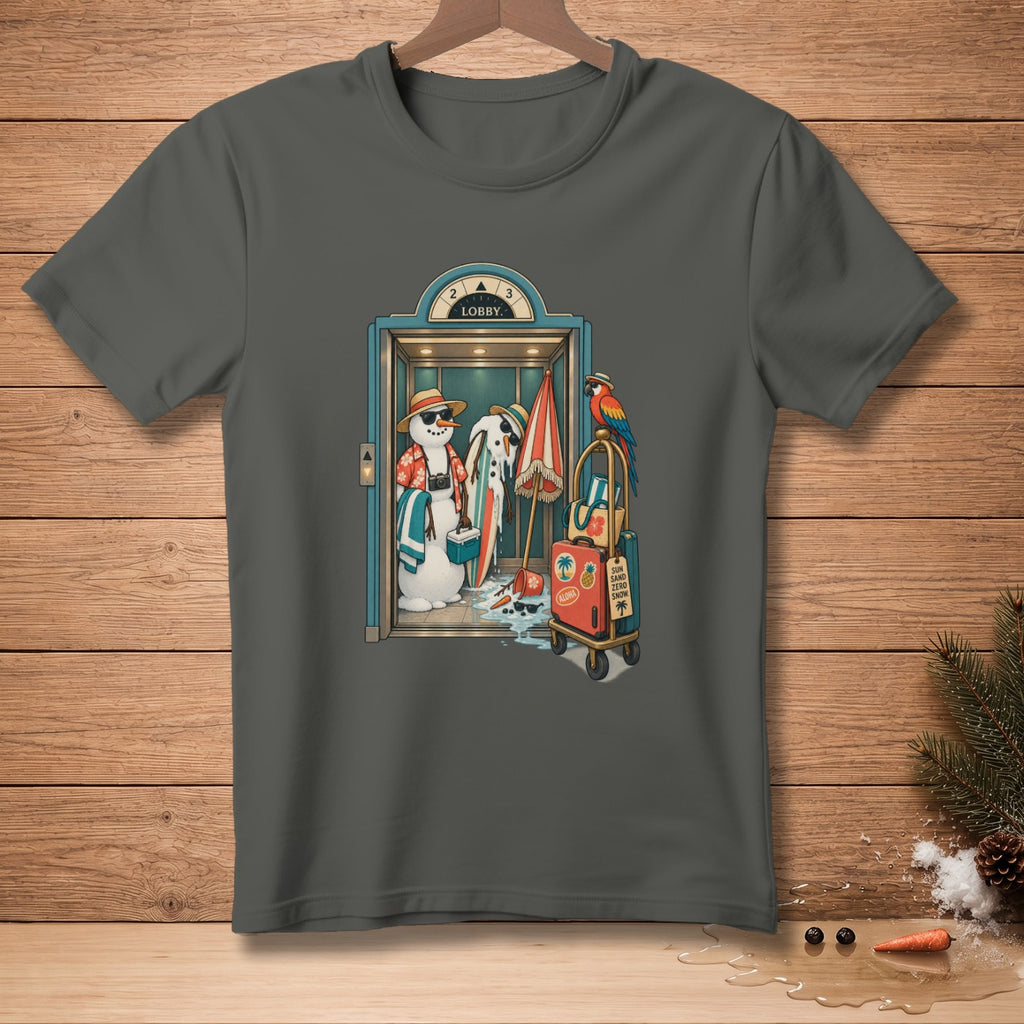 Melting snowmen with surfboards and luggage in an elevator with a parrot.