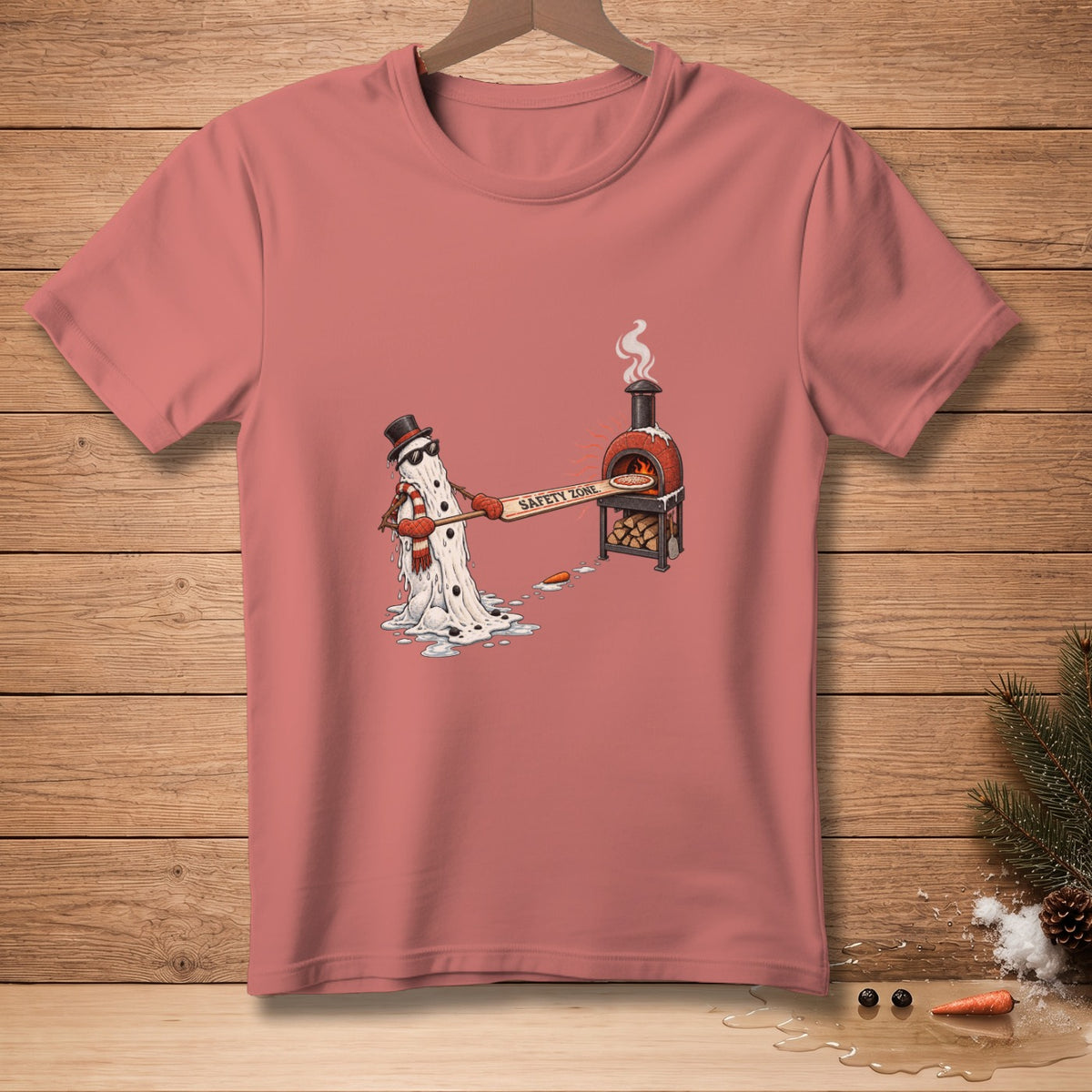 Melting snowman in sunglasses with scarf uses peel to put pizza in oven.