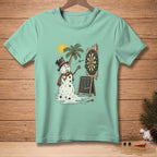 Mint t-shirt with melting snowman playing darts under a palm tree.