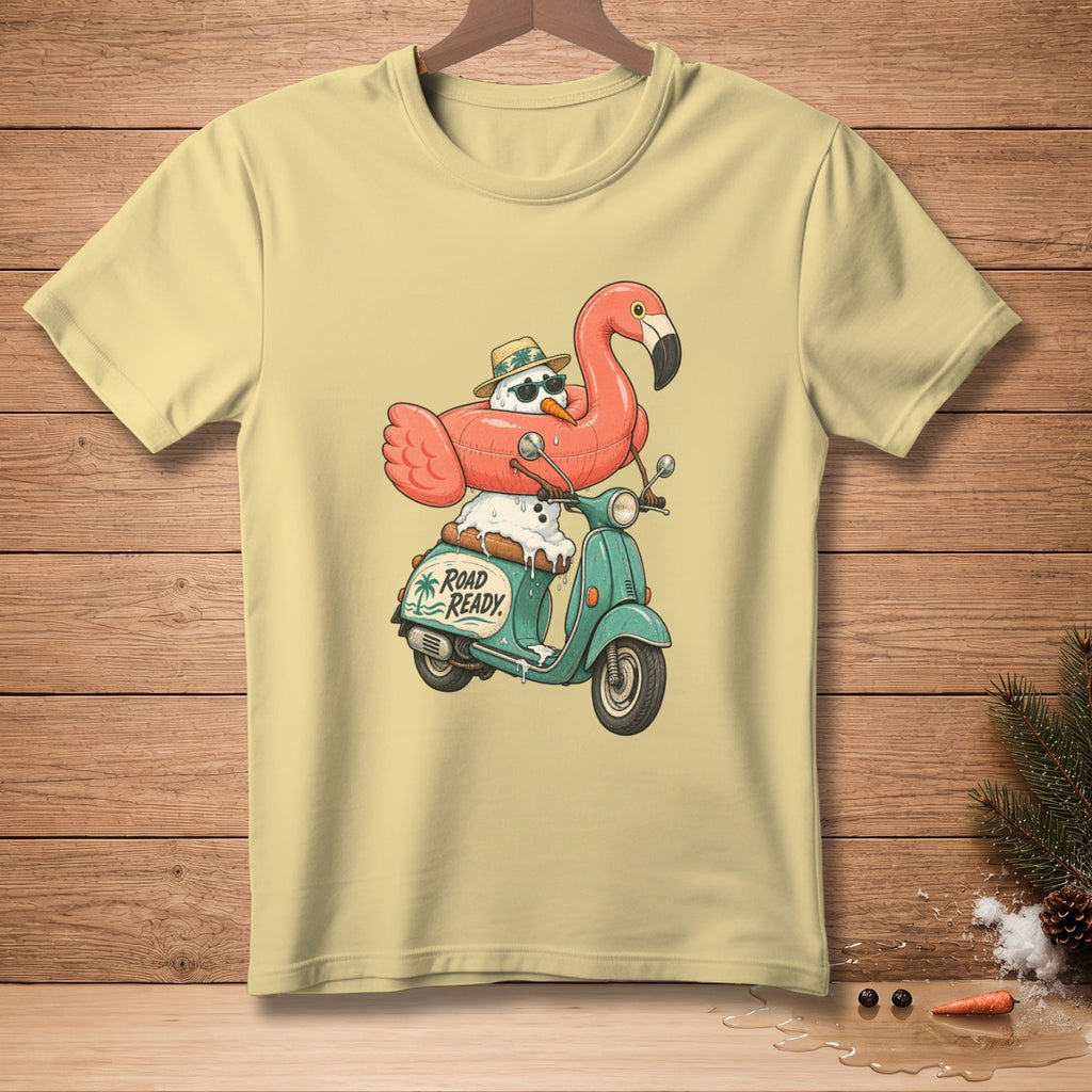 Snowman wearing sunglasses and a hat rides a scooter with a flamingo float, text "Road Ready".