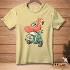 Snowman wearing sunglasses and a hat rides a scooter with a flamingo float, text "Road Ready".