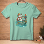 Snowman in a canoe with a parrot, paddles, and text "STILL FLOATING."