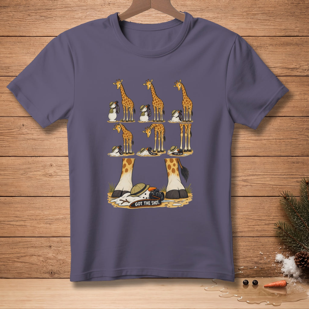T-shirt graphic with giraffes and melting snowmen photographers.