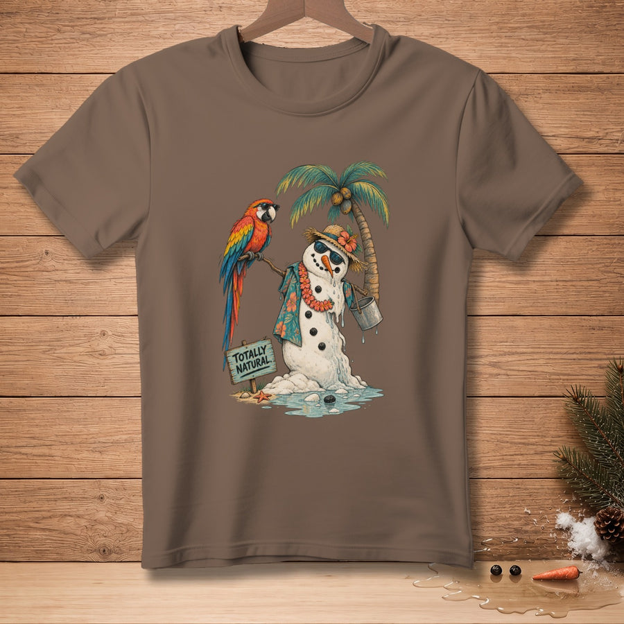 Melting snowman with sunglasses, lei, and bucket under palm tree, parrot on sign.