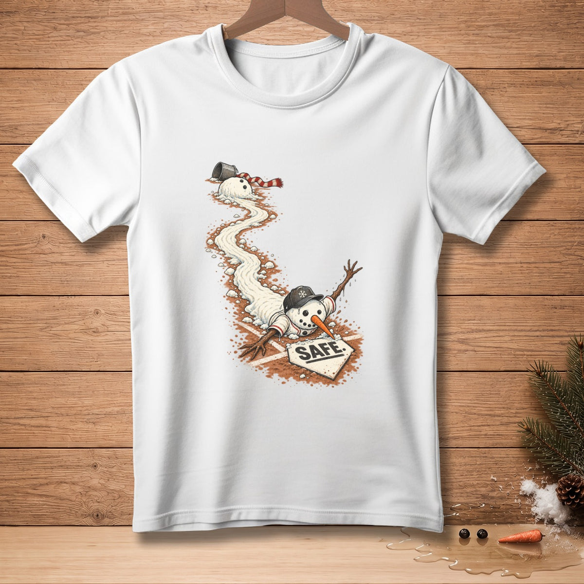 Melting snowman slides into home plate, marked "SAFE".