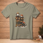 Two snowmen in firefighter gear stand with an axe and carrot noses.