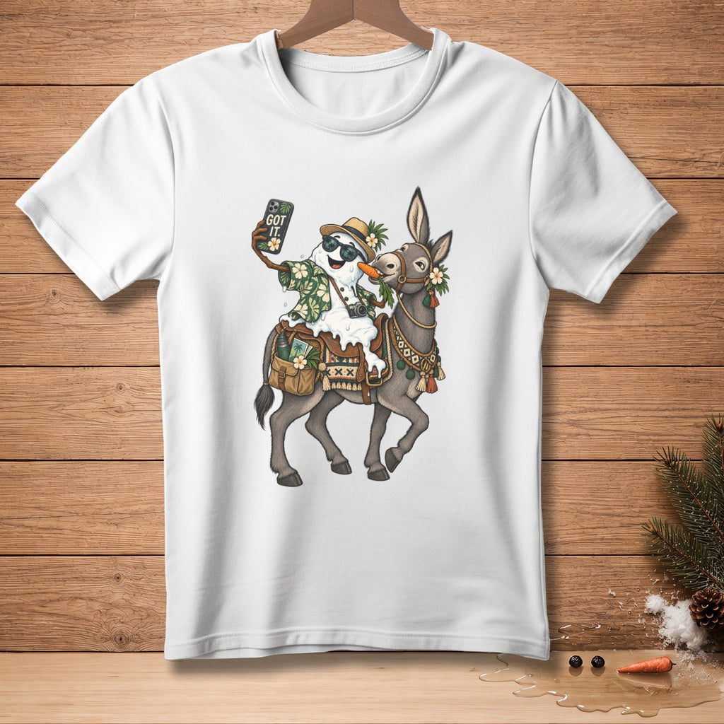 Snowman wearing Hawaiian shirt riding donkey and taking selfie with phone that says "GOT IT."
