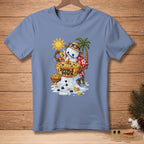 Melting snowman in Hawaiian shirt eats nachos from a bowl that says "Double Down".
