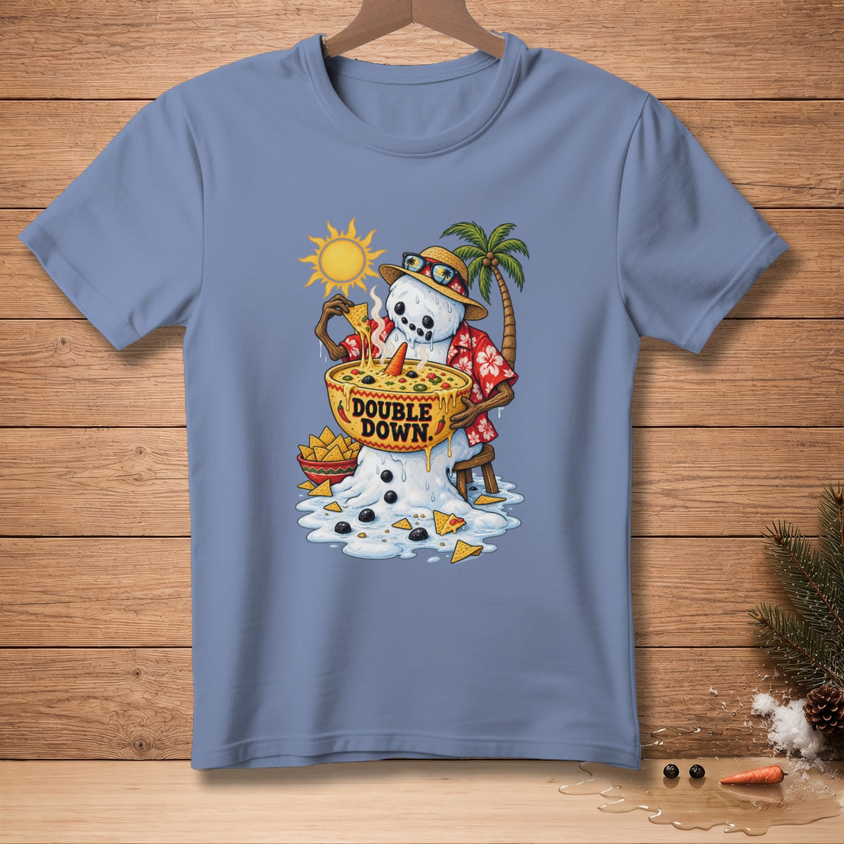 Melting snowman in Hawaiian shirt eats nachos from a bowl that says "Double Down".