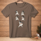 Brown t-shirt featuring five snowmen performing various yoga poses with some wearing "26" and "LOADED" accents.