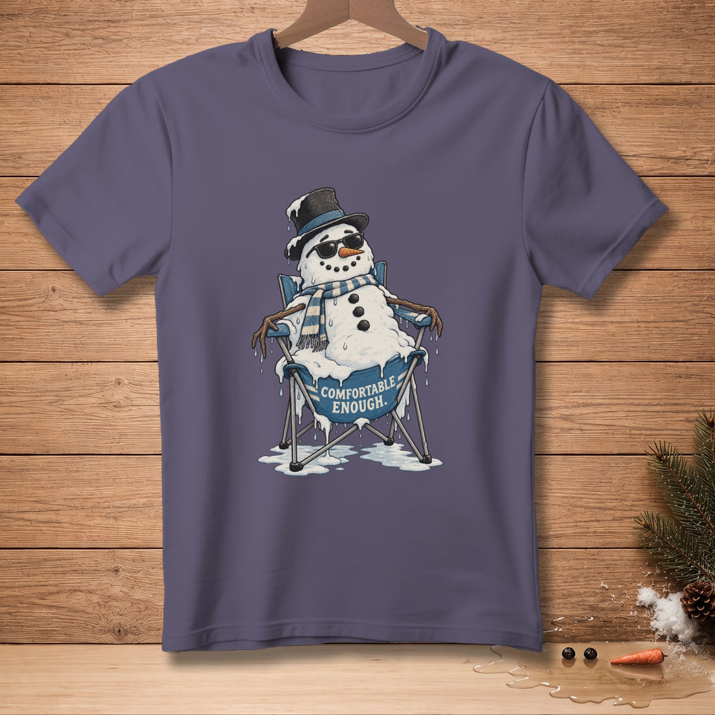 Melting snowman in a chair with sunglasses and hat, "Comfortable Enough" text.