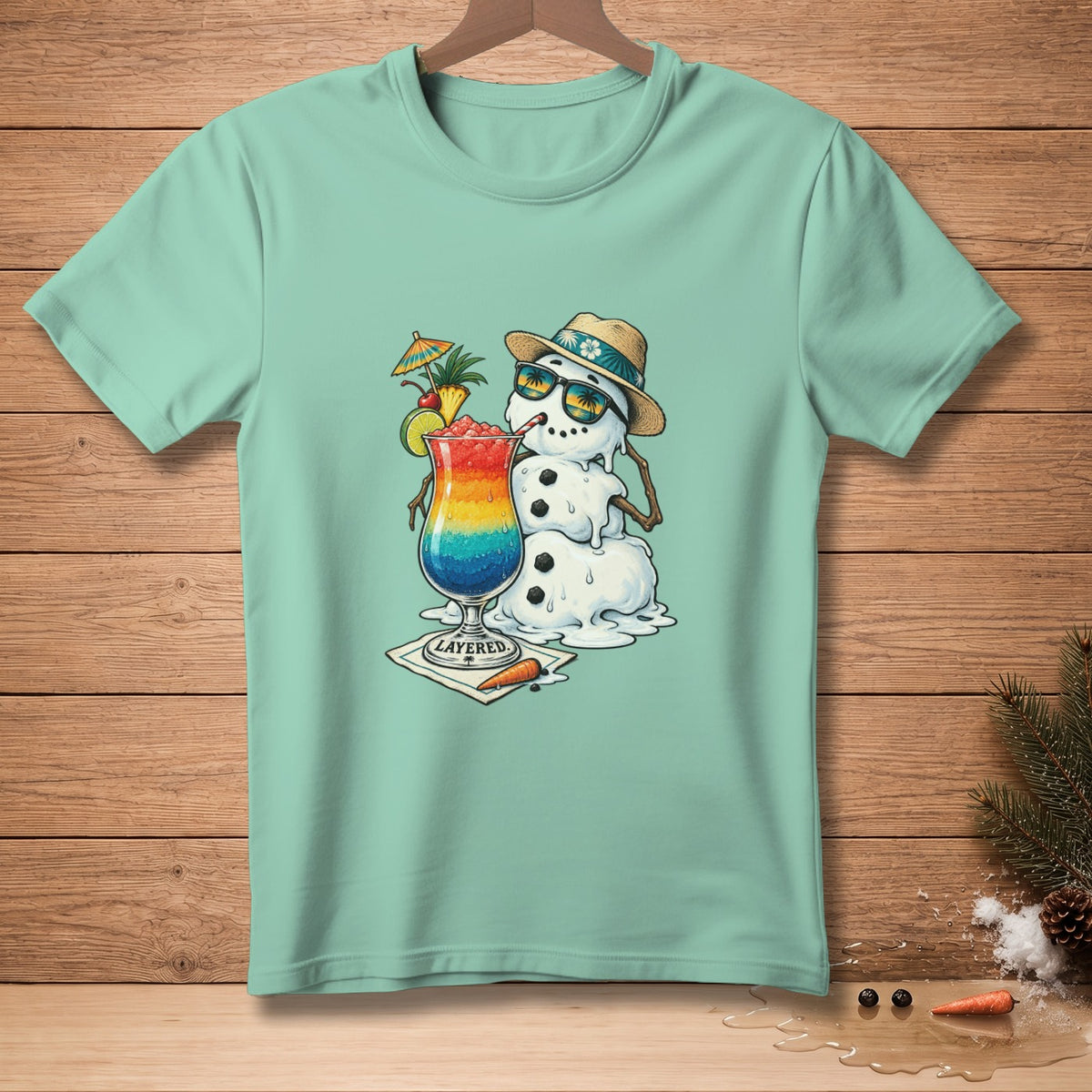 Snowman in sunglasses with a rainbow cocktail and "Layered" text.