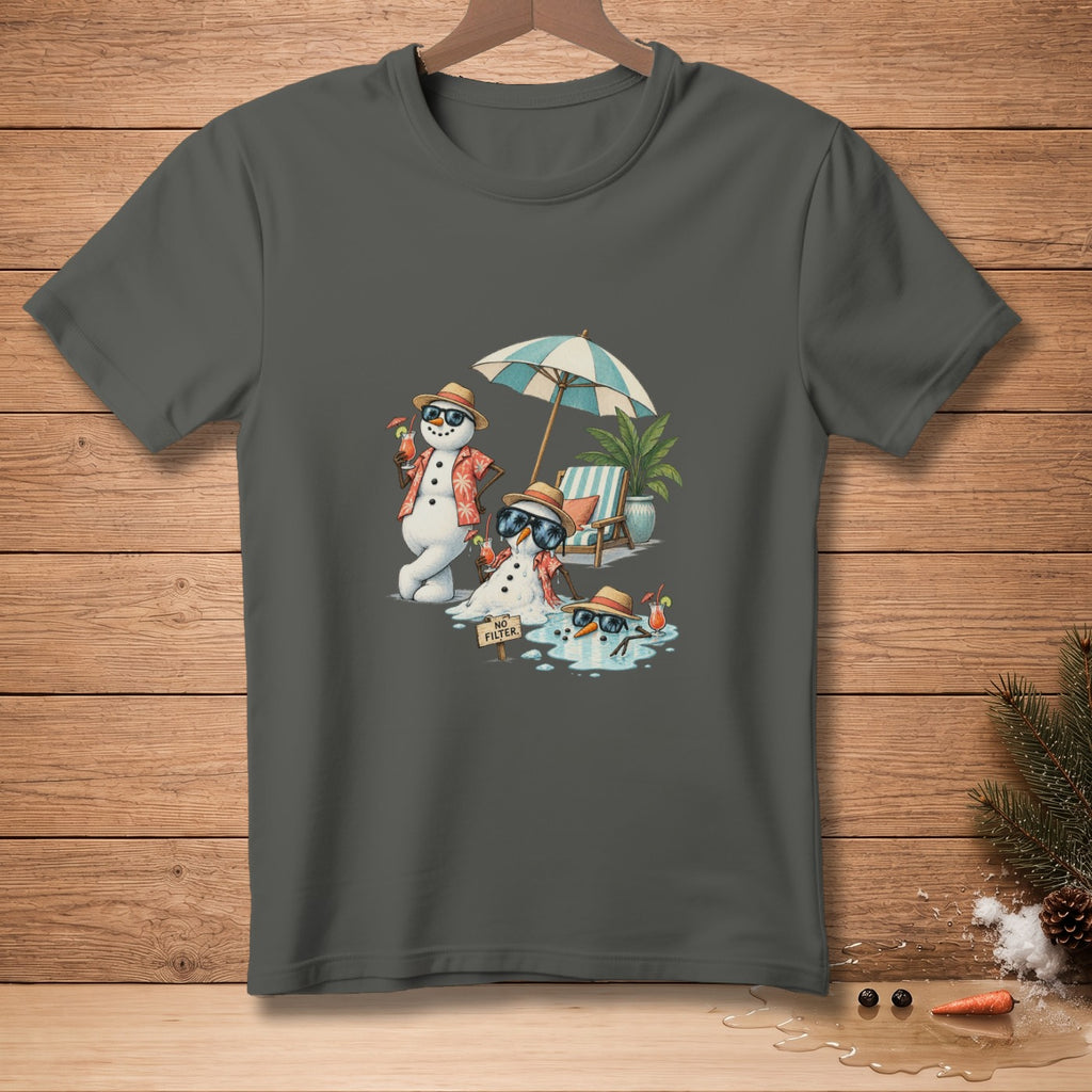 Melting snowmen wearing sunglasses and Hawaiian shirts relax under an umbrella with drinks.