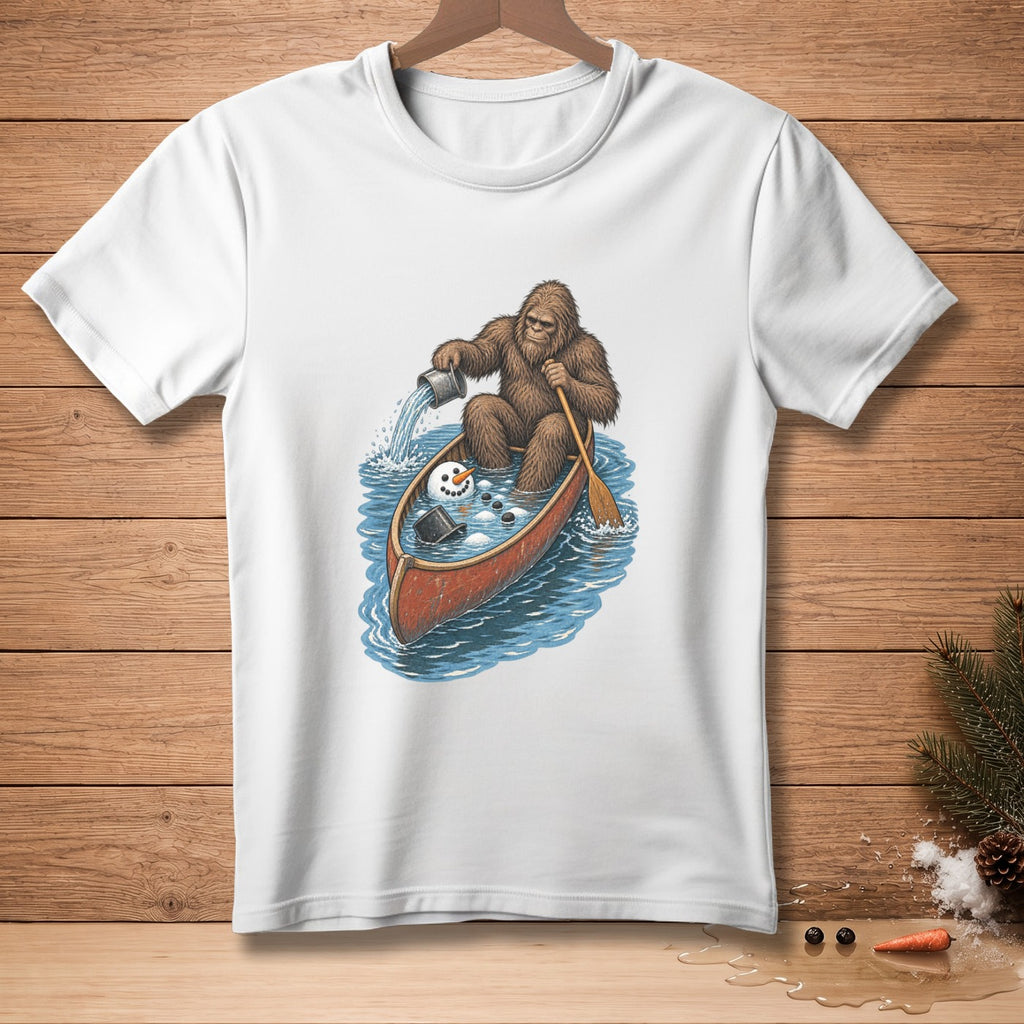 Bigfoot paddles a canoe with a snowman melting in water.