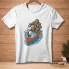 Bigfoot paddles a canoe with a snowman melting in water.