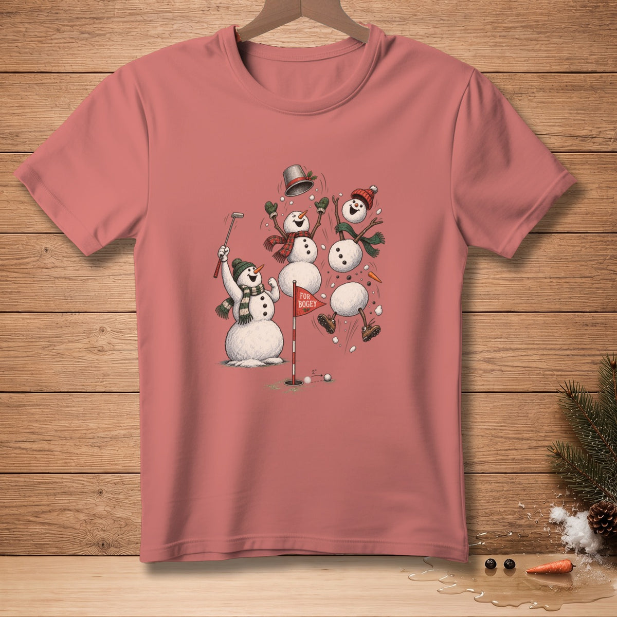 T-shirt with graphic of snowmen playing golf and the text "FOR BOGEY".