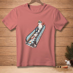 Snowman on escalator with suitcase and tropical drink, carrot, and scarf.