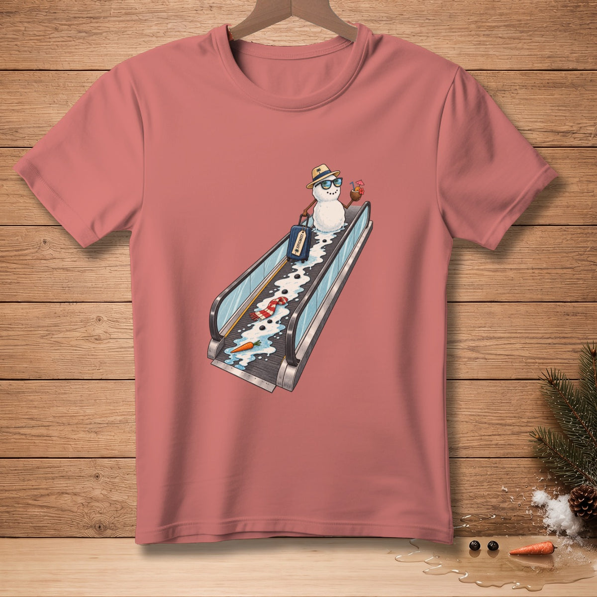 Snowman on escalator with suitcase and tropical drink, carrot, and scarf.