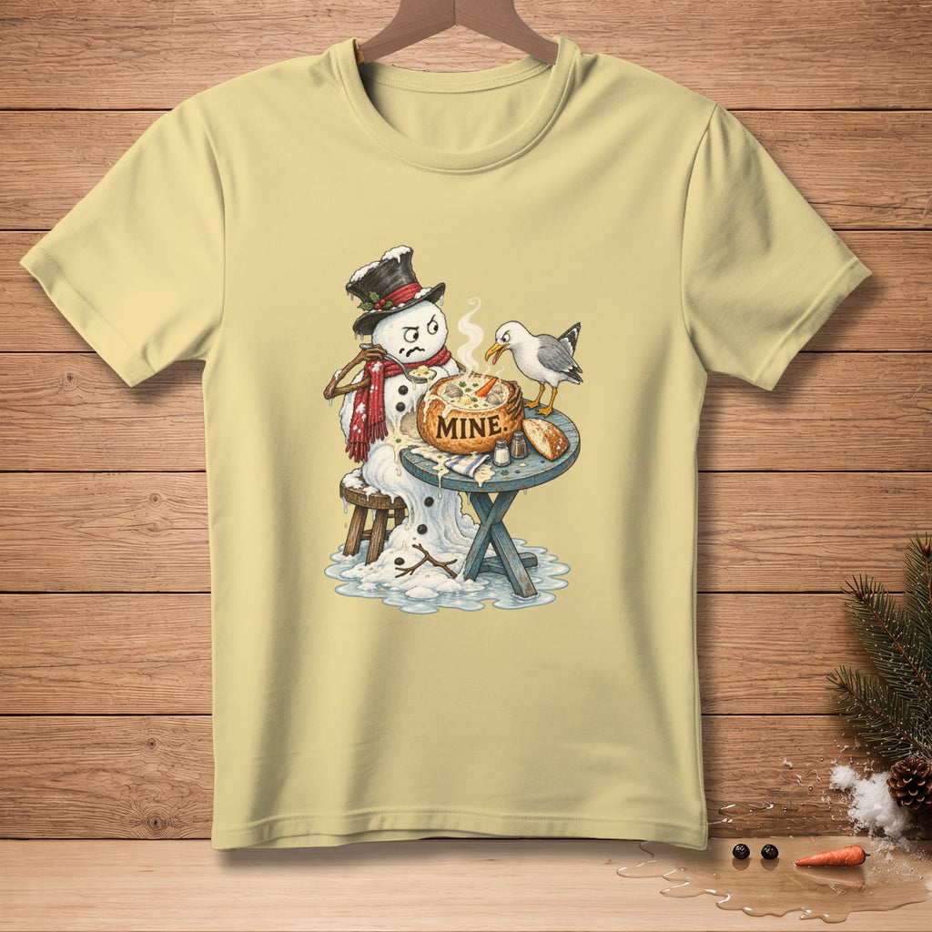 Snowman with hat and scarf eating soup, a bird pecks at the bowl labeled "MINE".