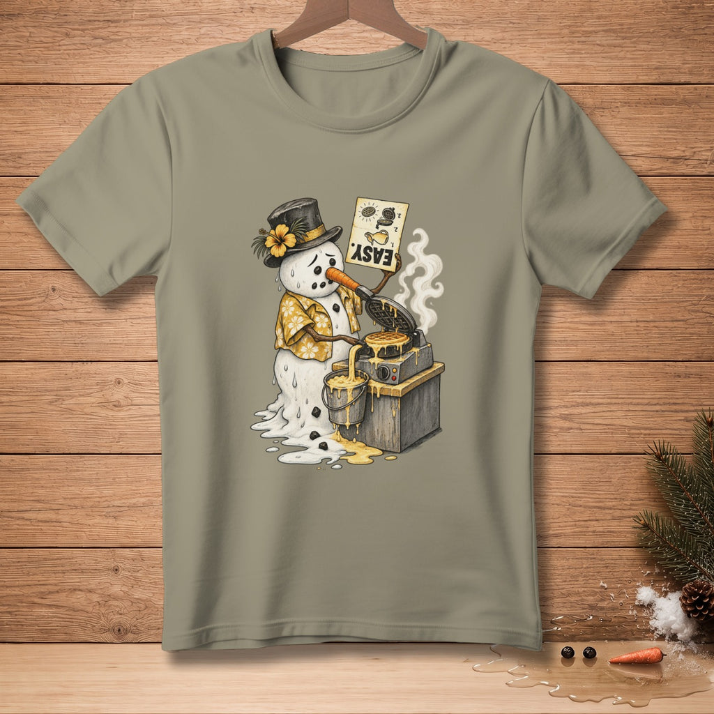 Snowman in Hawaiian shirt makes waffles on a melting waffle maker, holding "EASY" sign.