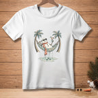 Snowman in sunglasses and scarf relaxing in a hammock between palm trees.