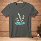 Snowman and pelican windsurfing on a board in the ocean.