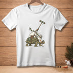 Snowman playing golf on a tortoise with "FAST BREAK" text on a white t-shirt.