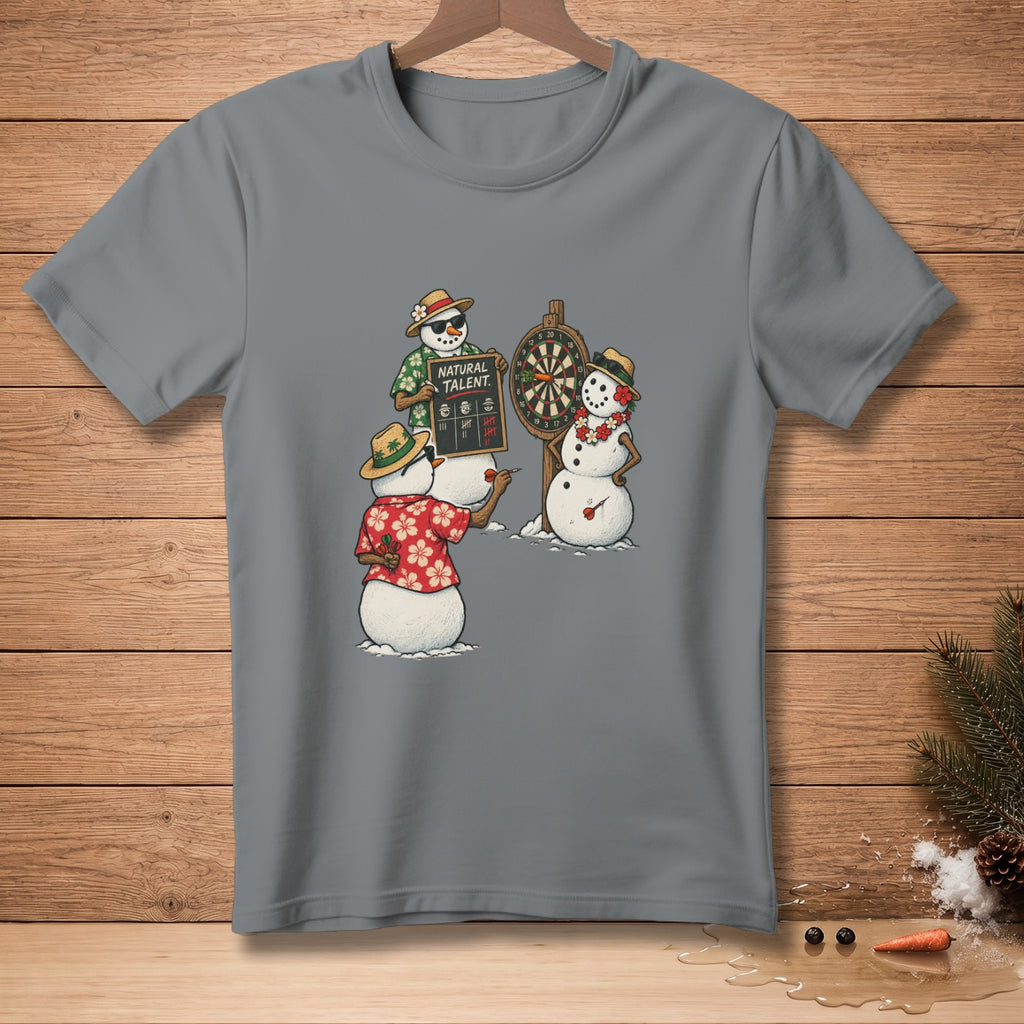 Three snowmen play darts. One holds a sign that says "NATURAL TALENT".