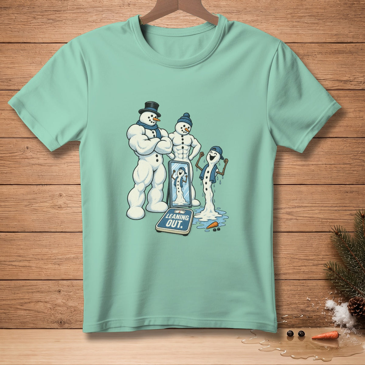 Muscular snowmen flexing in mirror with melting snowman below and "Leaning Out."
