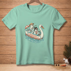 Snowmen in a swan boat with "Romantic" text on its side.