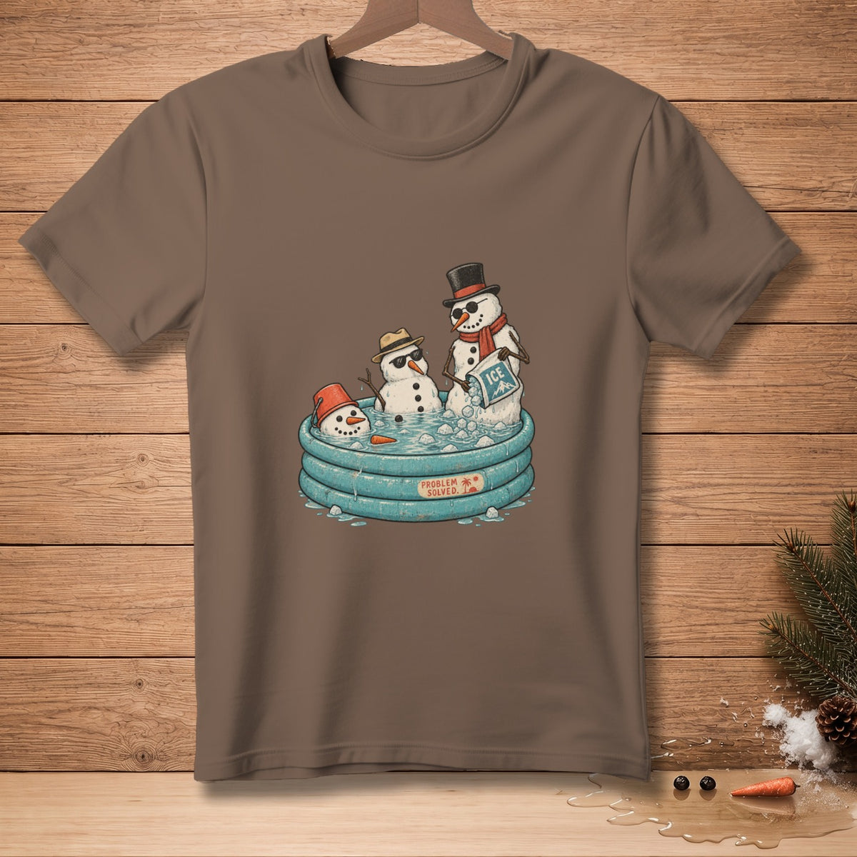 Three snowmen relax in a kiddie pool, one holding an "ICE" bag.