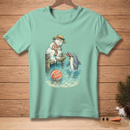 Snowman on dock with a dolphin holding a carrot, beach ball reads "CLOSE ENOUGH".